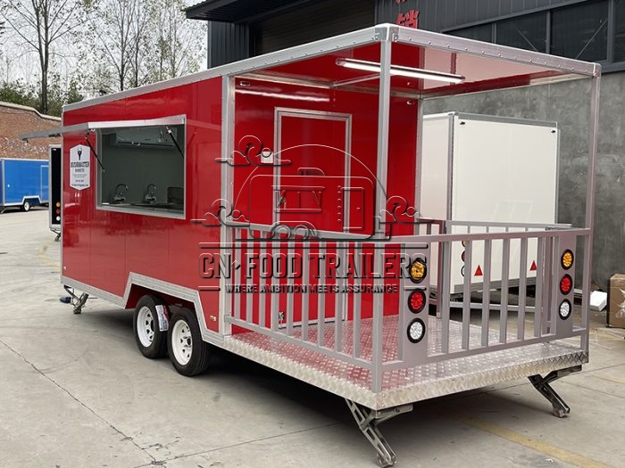 16.5FT Red Single Window Square Food Trailer with Fence