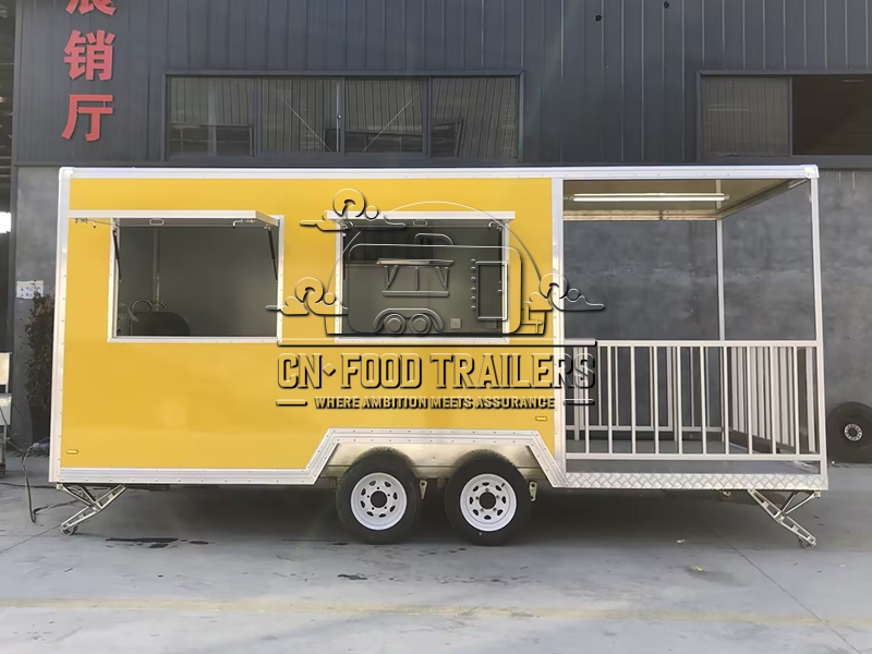 15FT Yellow Double Window Square Food Trailer with Fence for Street Food