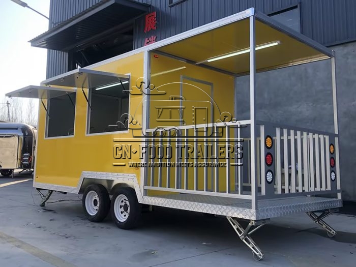 15FT Yellow Double Window Square Food Trailer with Fence for Street Food